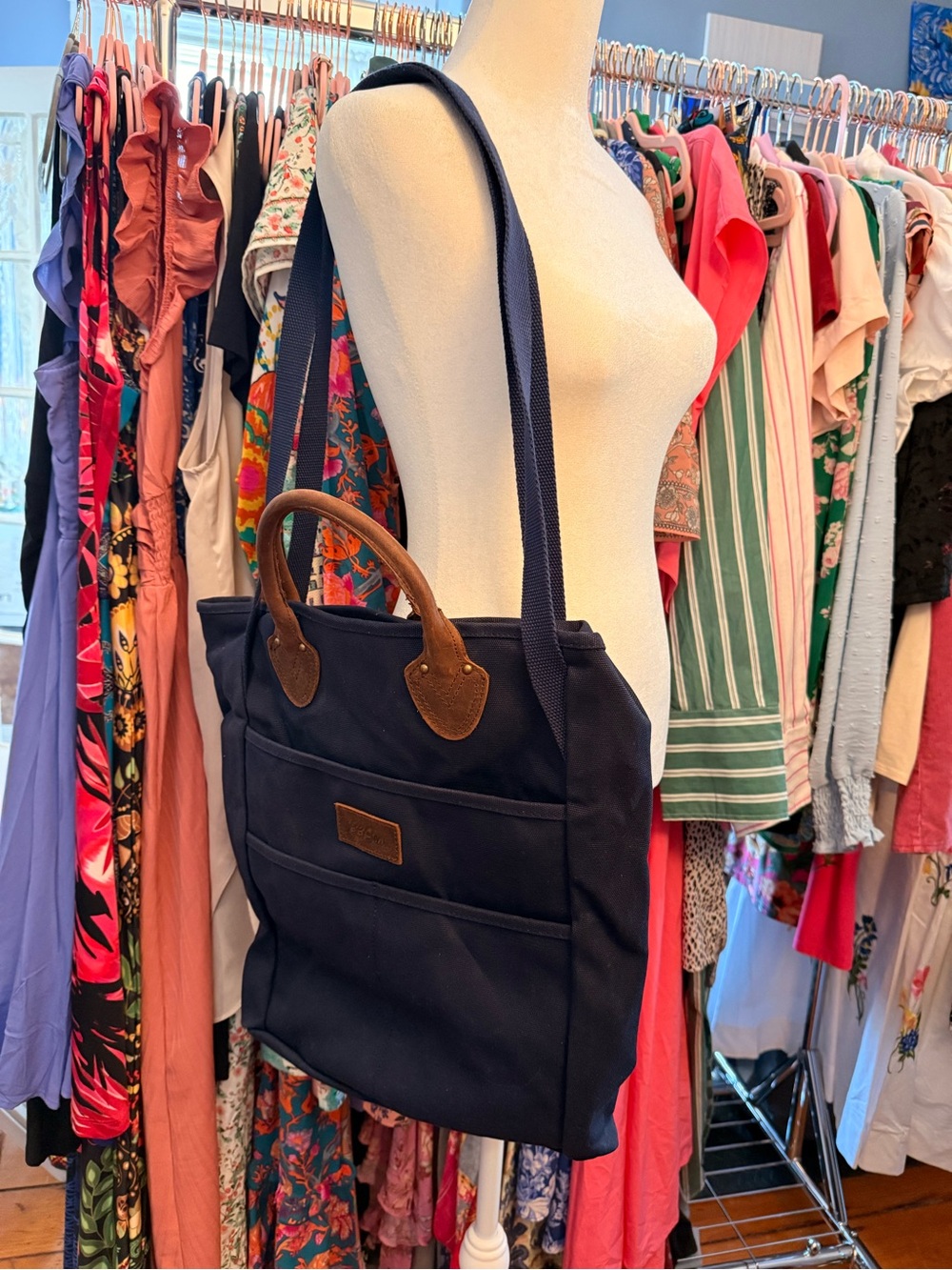 L.L. Bean Stonington Navy Canvas Messenger Tote with Brown Leather Handles - Picture 4 of 5